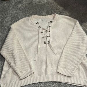 American Eagle Outfitters Cream V-Neck Sweater with Lace-Up Detail
